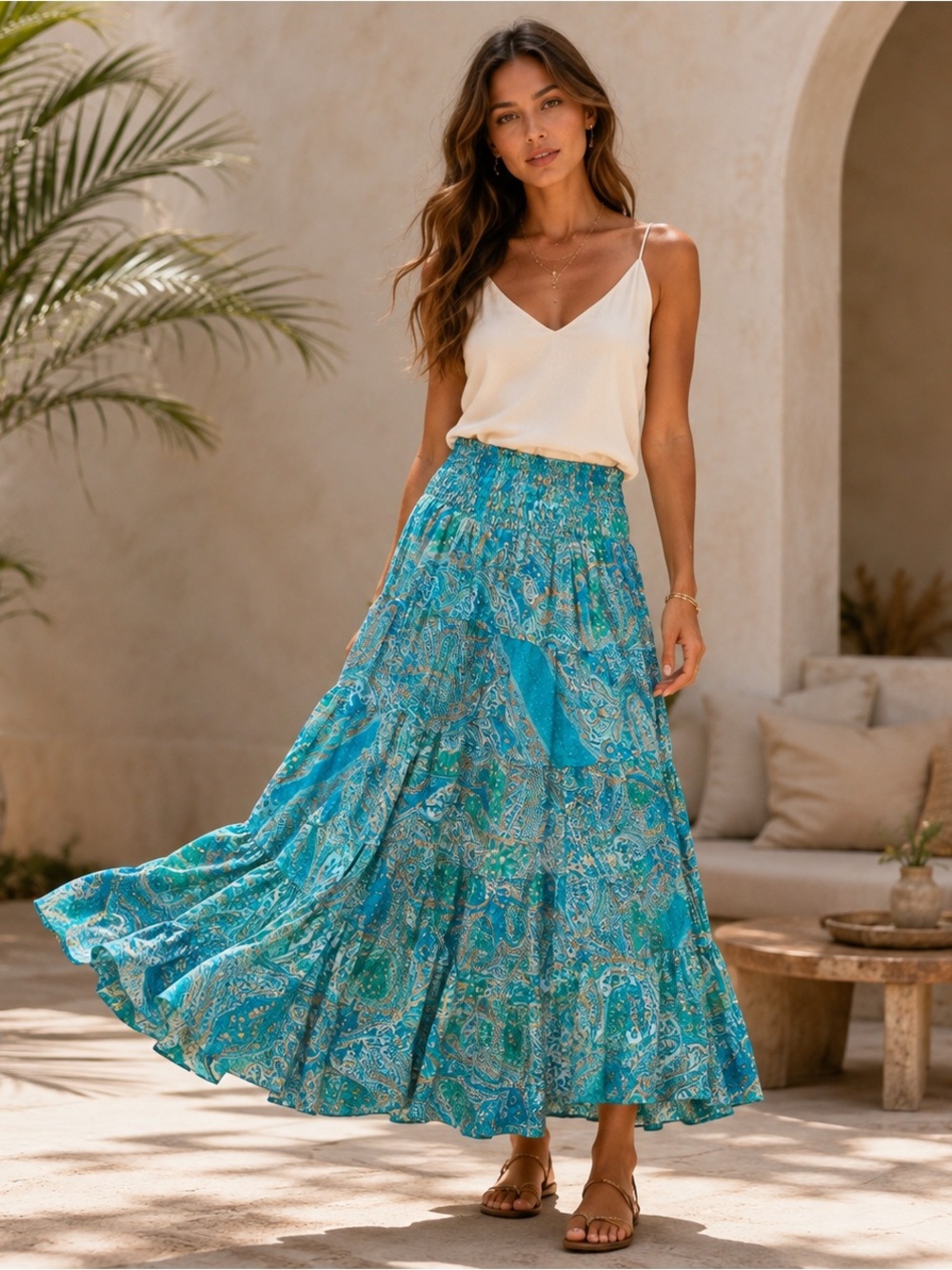 Bohemian Teal Paisley Tiered Maxi Skirt - Women's